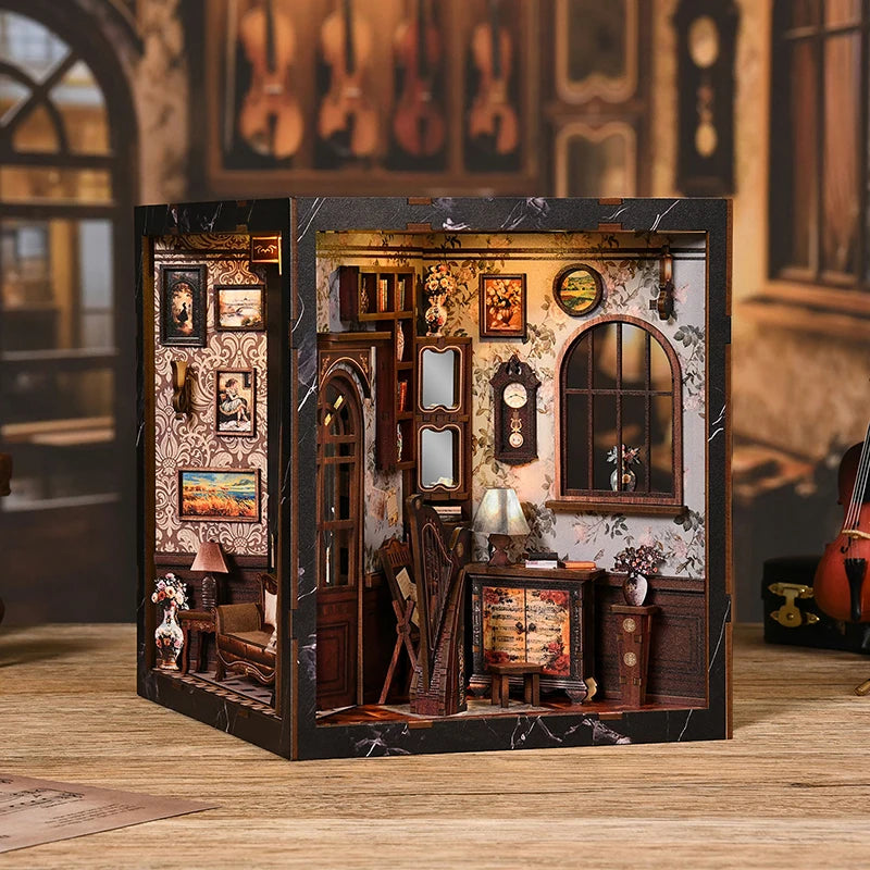NEW DIY Wooden European Melody Box Book Nook Shelf Insert Kits Miniature Model Kit Four Side Bookend for Friends Birthday Gif