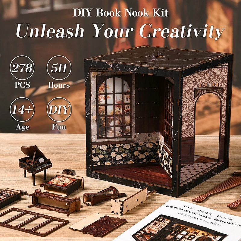 NEW DIY Wooden European Melody Box Book Nook Shelf Insert Kits Miniature Model Kit Four Side Bookend for Friends Birthday Gif