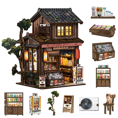 Kasuga Japanese grocery store DIY miniature house kit with LED lights