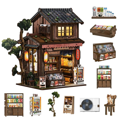 Kasuga Japanese grocery store DIY miniature house kit with LED lights