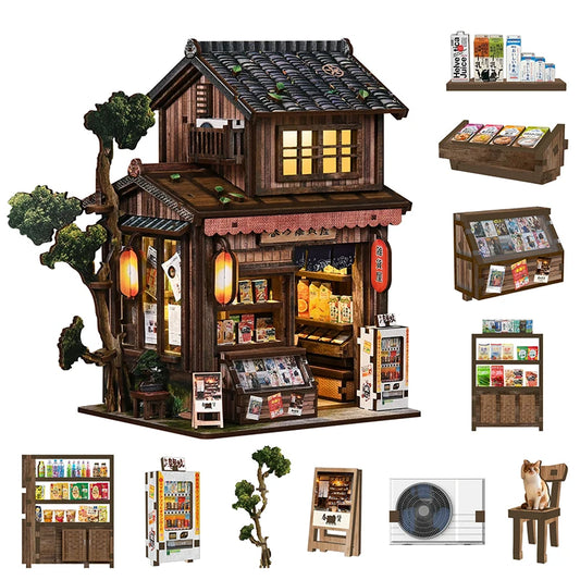 Kasuga Japanese grocery store DIY miniature house kit with LED lights