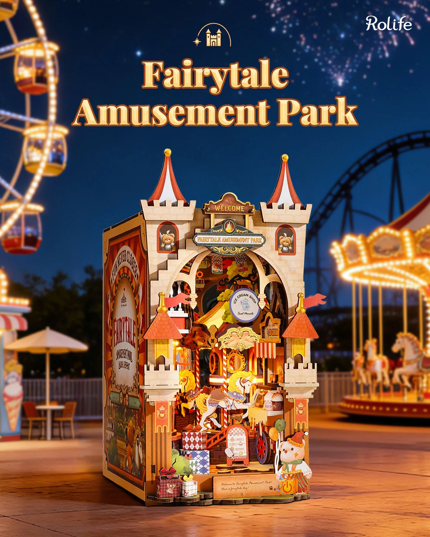 ROBOTIME Rolife Fairytale Amusement Park Book Nook 3D Wooden Puzzle with Carousel Romantic Handmade Gift for Him/Her - Image 