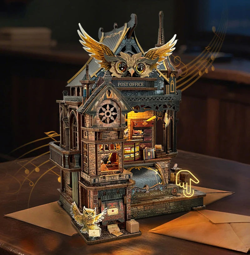 NEW DIY Wooden Miniature Model Kit Owl Post Office Casa 3D Puzzle Doll Houses With Furniture Lights for Friends Birthday Gift