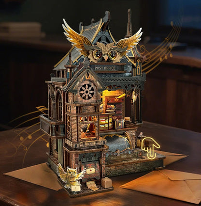 NEW DIY Wooden Miniature Model Kit Owl Post Office Casa 3D Puzzle Doll Houses With Furniture Lights for Friends Birthday Gift