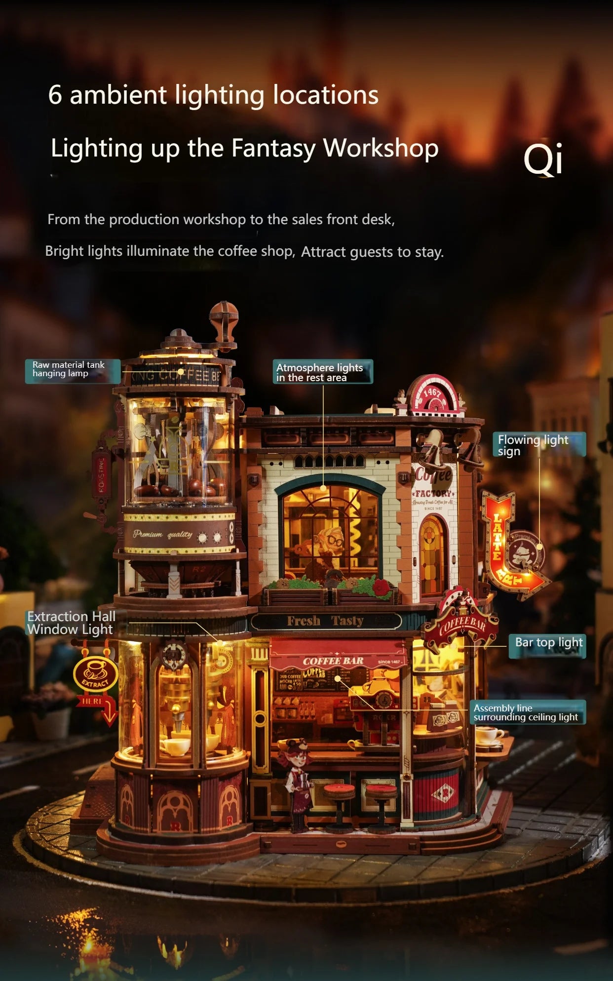 DIY Coffee Factory Model Kit - 3D Wooden Puzzle for Adults with LED Lights, Music & Figurines, Unique Birthday Gift Idea Book Nook Kit Australia