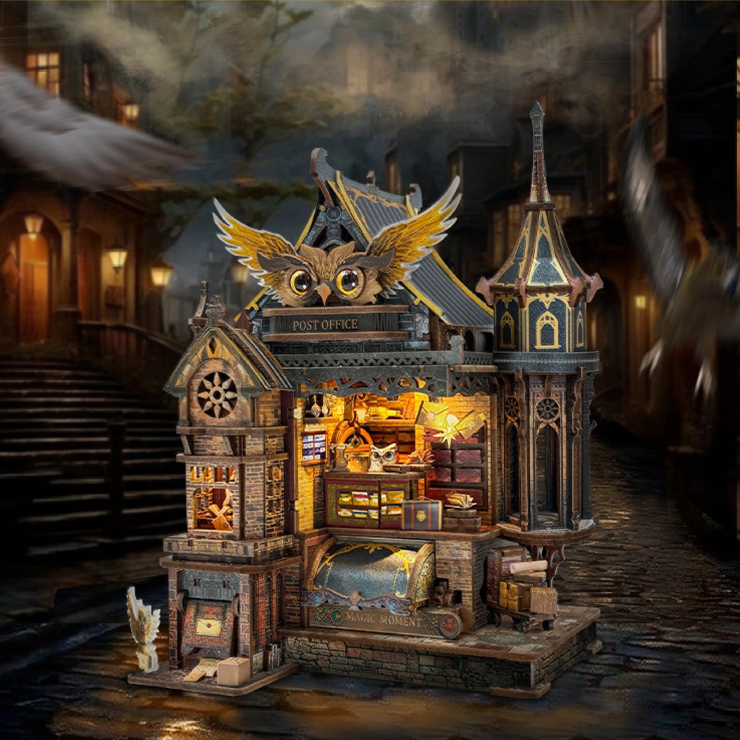 NEW DIY Wooden Miniature Model Kit Owl Post Office Casa 3D Puzzle Doll Houses With Furniture Lights for Friends Birthday Gift