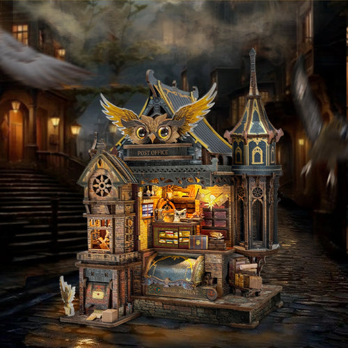 NEW DIY Wooden Miniature Model Kit Owl Post Office Casa 3D Puzzle Doll Houses With Furniture Lights for Friends Birthday Gift