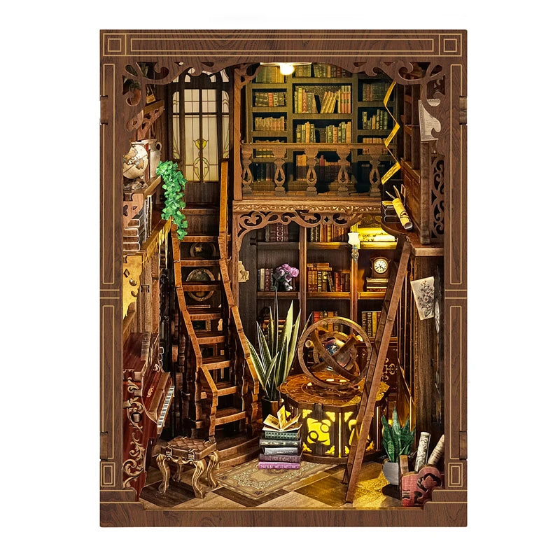 Myriad Books House DIY book nook kit displayed between books on a shelf - view 7