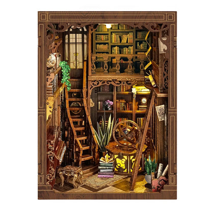 Myriad Books House DIY book nook kit displayed between books on a shelf - view 7