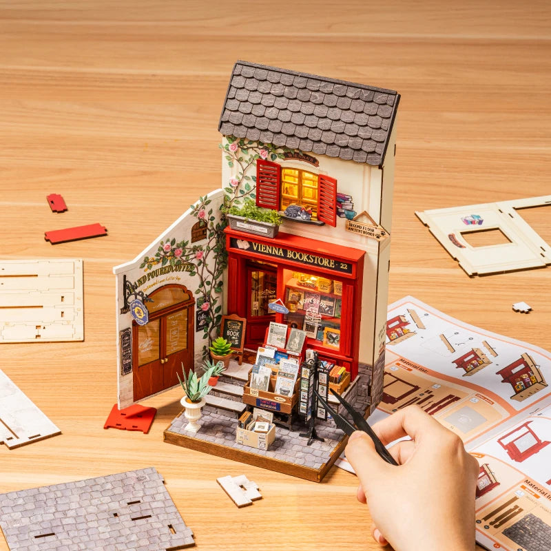 ROBOTIME Rolife Vienna Bookstore DIY Kit Foldable 2 Story European Miniature Model for Diorama Shelf Display for Adults Teens
