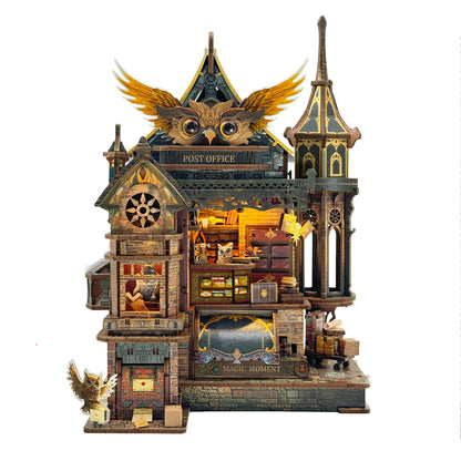 NEW DIY Wooden Miniature Model Kit Owl Post Office Casa 3D Puzzle Doll Houses With Furniture Lights for Friends Birthday Gift