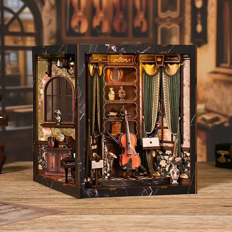 NEW DIY Wooden European Melody Box Book Nook Shelf Insert Kits Miniature Model Kit Four Side Bookend for Friends Birthday Gif