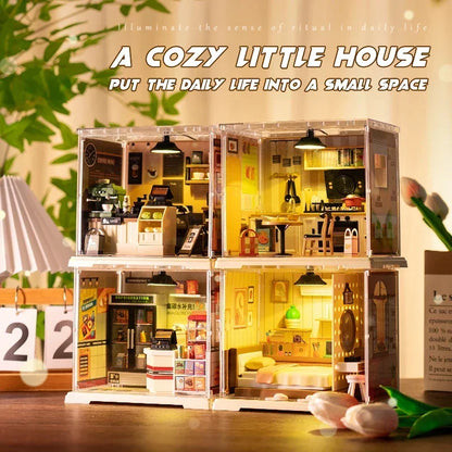 Miniature Store Bedroom Kitchen DIY Doll House CORNER COFFEE SHOP Miniature Model For Birthday Family Gift Book Nook Kit Australia