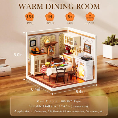 ROBOTIME DIY Miniature House Kit - Warm Dining Room, Creative Collectible Model for Home Decor unique Gift for Adults & Kids 