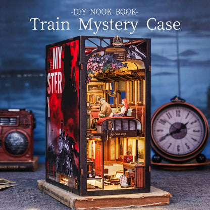 CUTEBEE, DIY, Book Nook, 3D Puzzle, Wooden Dollhouse, Touch Light, Dust Cover, Bookshelf Insert, Gift, Detective, Train Mystery Book Nook Kit Australia