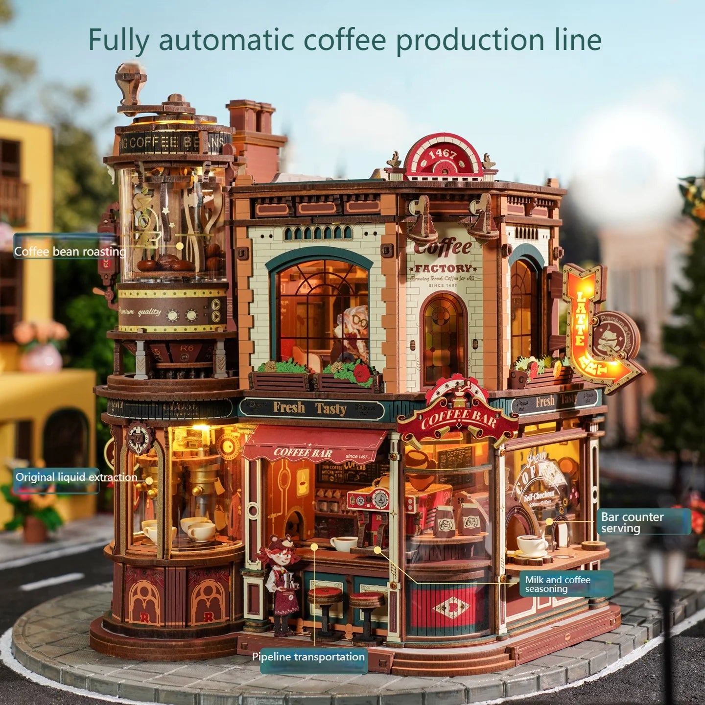 DIY Coffee Factory Model Kit - 3D Wooden Puzzle for Adults with LED Lights, Music & Figurines, Unique Birthday Gift Idea Book Nook Kit Australia