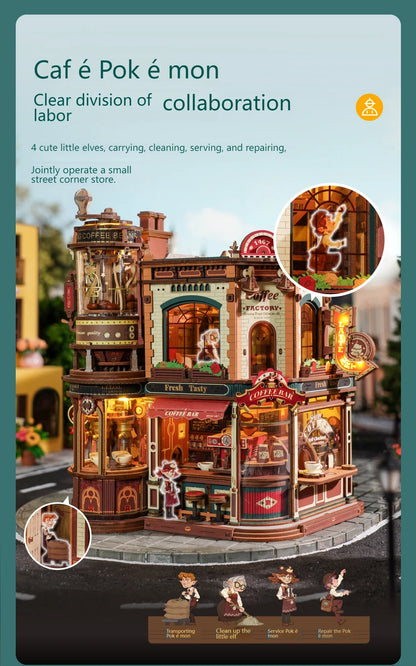 DIY Coffee Factory Model Kit - 3D Wooden Puzzle for Adults with LED Lights, Music & Figurines, Unique Birthday Gift Idea Book Nook Kit Australia
