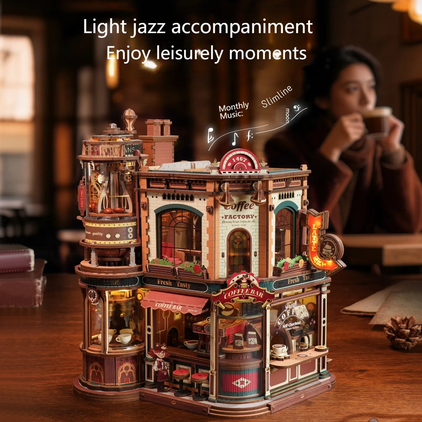 DIY Coffee Factory Model Kit - 3D Wooden Puzzle for Adults with LED Lights, Music & Figurines, Unique Birthday Gift Idea Book Nook Kit Australia