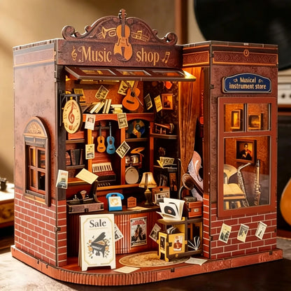Vintage Musical Instrument Store DIY book nook kit with violins and warm lighting - view 3